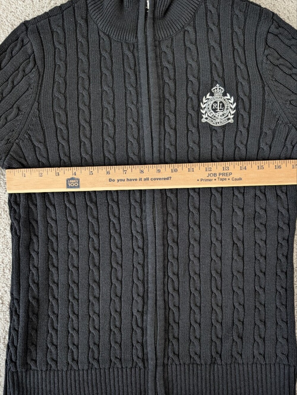 Lauren Ralph Lauren Active Black Full Zip Cable Knit Sweater Size XL Crest - Picture 9 of 10